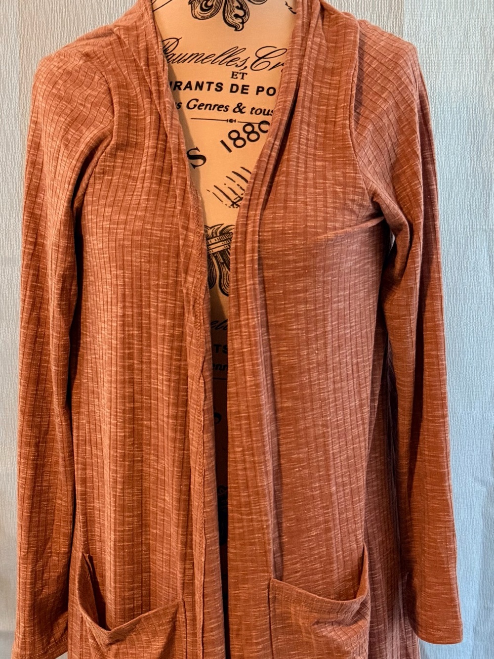 Lularoe Sarah Cardigan in rust with thin vertical stripes